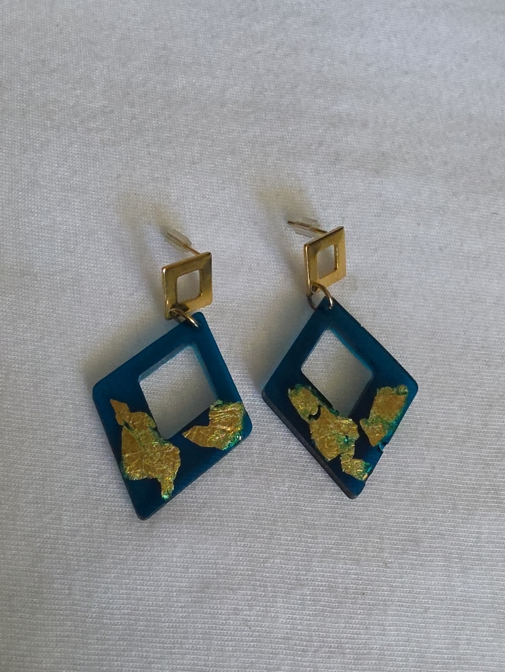 Gold-Accent Teal Geometric Drop Earrings